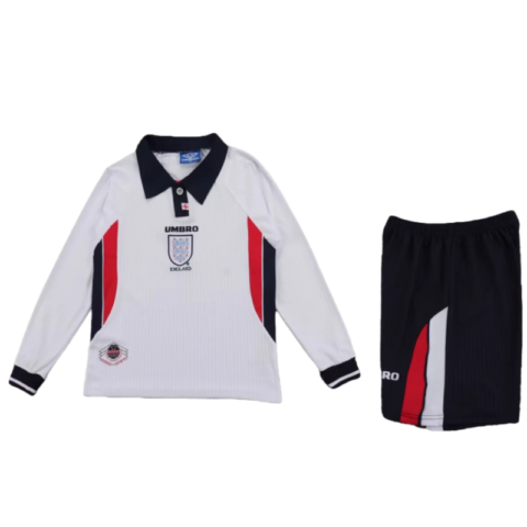 1998 England Long Sleeve World cup Retro Soccer jersey Home Kids Kit jersey+Shorts