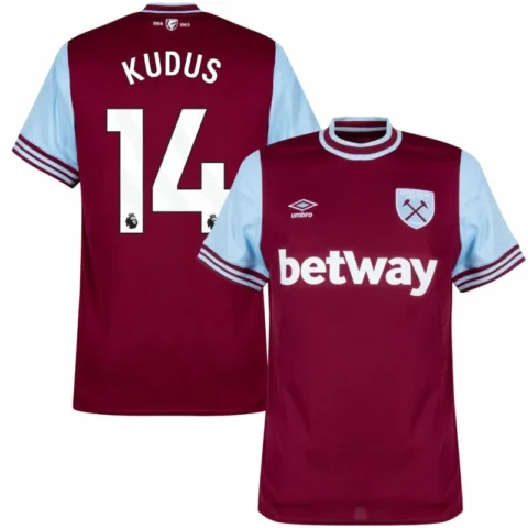 West Ham United Home Kudus 14 Shirt 2024-2025 Fan version Size：S-4XL（Non-Customize）