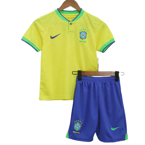 Brazil Kids World Cup 2022 Soccer Jersey Home Kit (Jersey+Shorts)